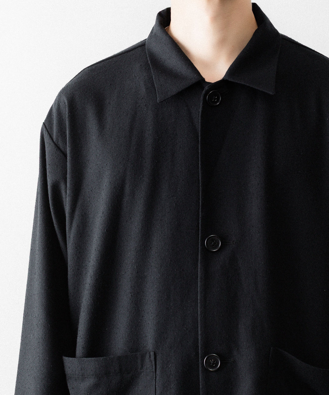 INTÉRIM - インテリムのSILK NOIL OPEN COLLAR OVER SHIRT JACKETのBLACK公式通販サイトsession福岡セレクトショップ