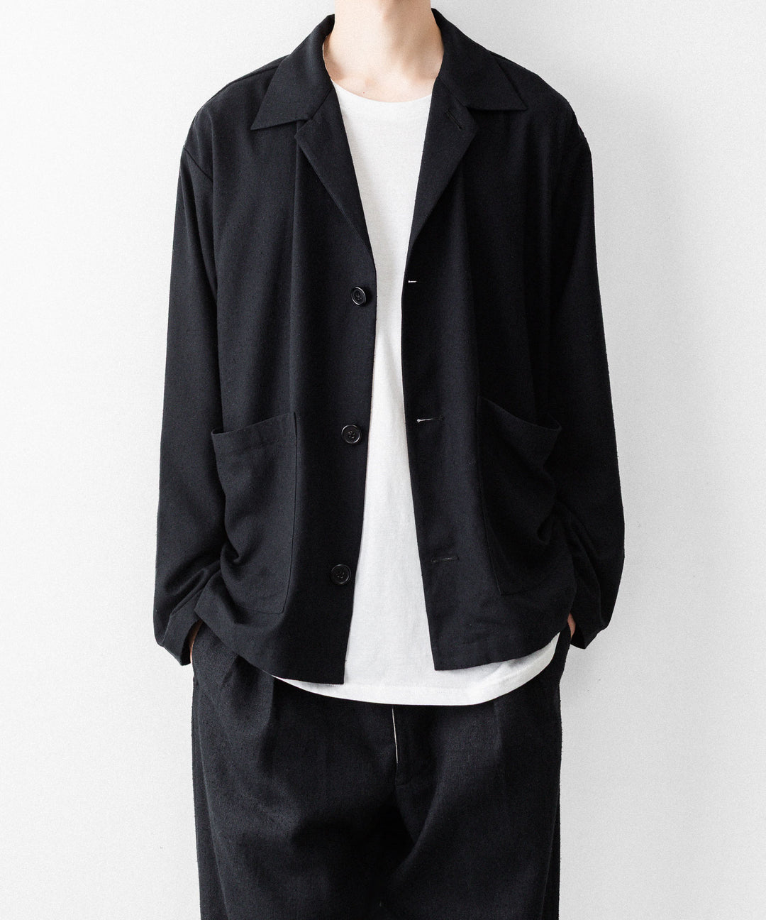 INTÉRIM - インテリムのSILK NOIL OPEN COLLAR OVER SHIRT JACKETのBLACK公式通販サイトsession福岡セレクトショップ