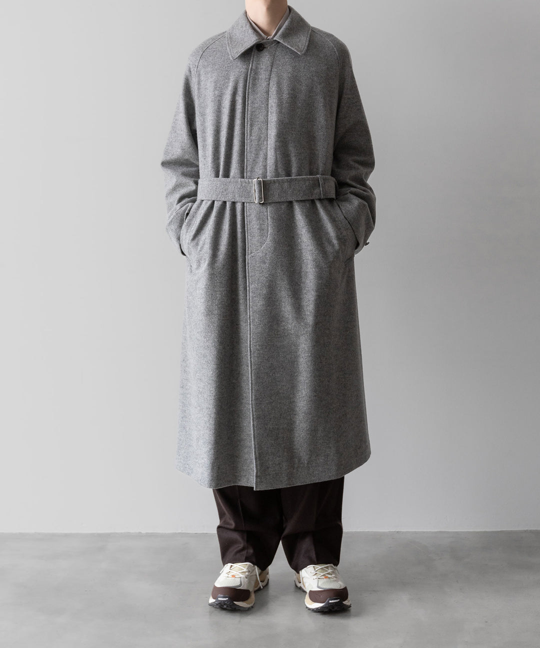 【INTÉRIM】CASHMERE DRAP HYPER BIG BELTED OVER COAT - GRAY