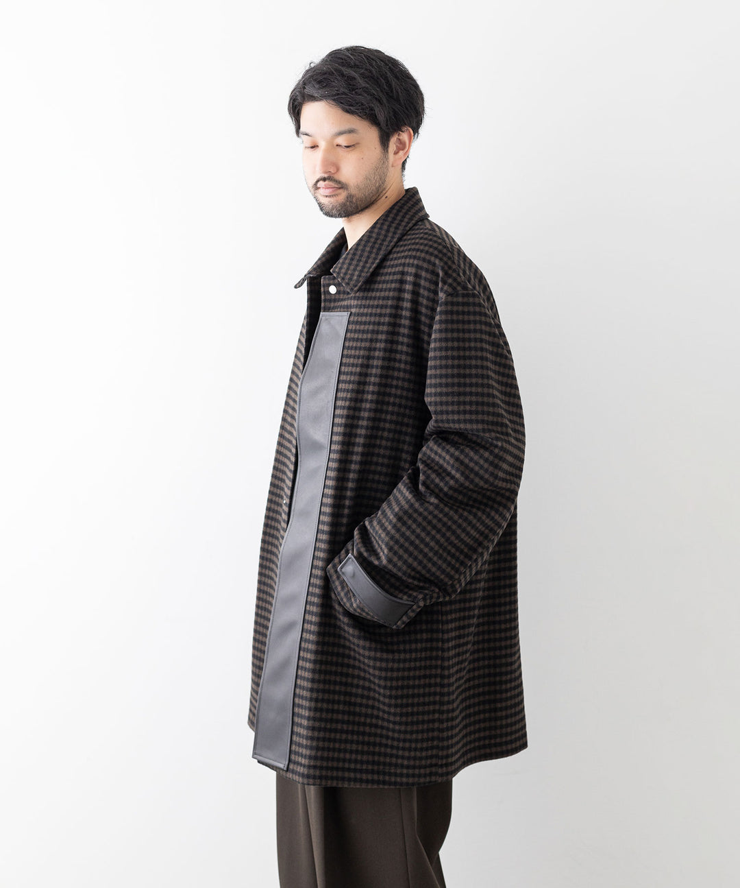 stein(シュタイン)の23AWコレクションLEATHER FLY FRONT LONG JACKETのGINGHAM