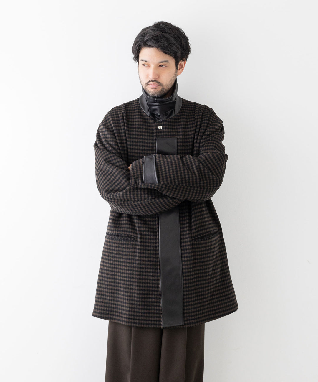 stein(シュタイン)の23AWコレクションLEATHER FLY FRONT LONG JACKETのGINGHAM