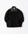 【INTÉRIM】 HEAVY PURE WOOL NATTÉ WEAVE DEAD STOCK LEATHER COLLAR HARRINGTON JACKET - BLACK