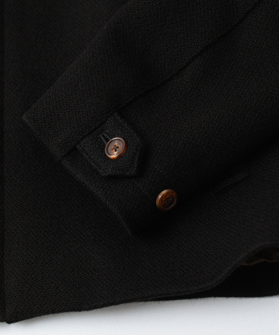 【INTÉRIM】 HEAVY PURE WOOL NATTÉ WEAVE DEAD STOCK LEATHER COLLAR HARRINGTON JACKET - BLACK