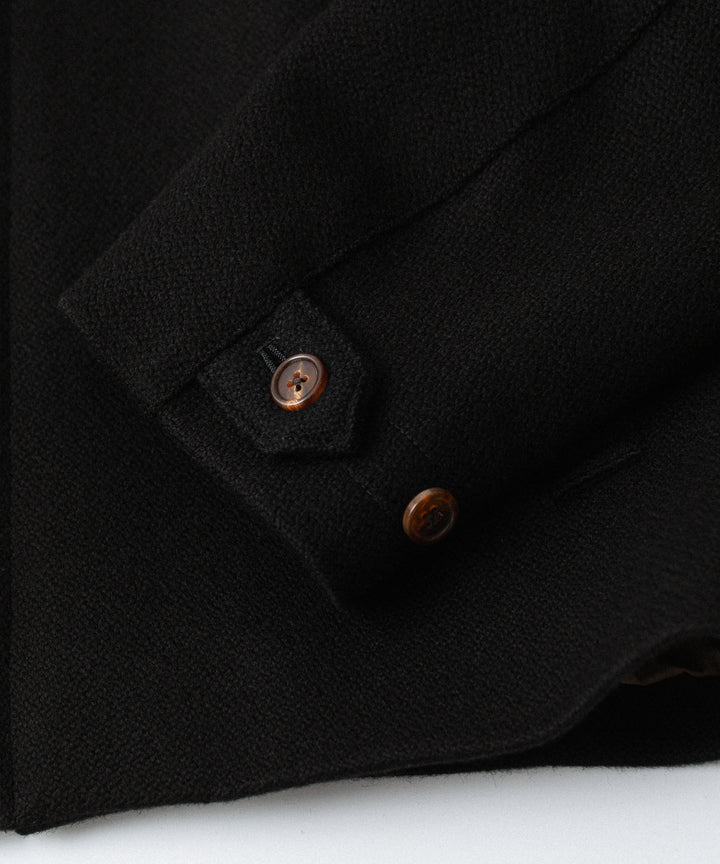 【INTÉRIM】 HEAVY PURE WOOL NATTÉ WEAVE DEAD STOCK LEATHER COLLAR HARRINGTON JACKET - BLACK