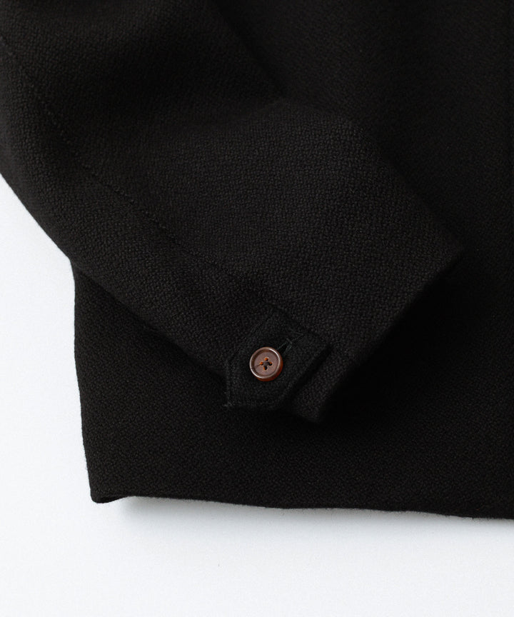 【INTÉRIM】 HEAVY PURE WOOL NATTÉ WEAVE DEAD STOCK LEATHER COLLAR HARRINGTON JACKET - BLACK