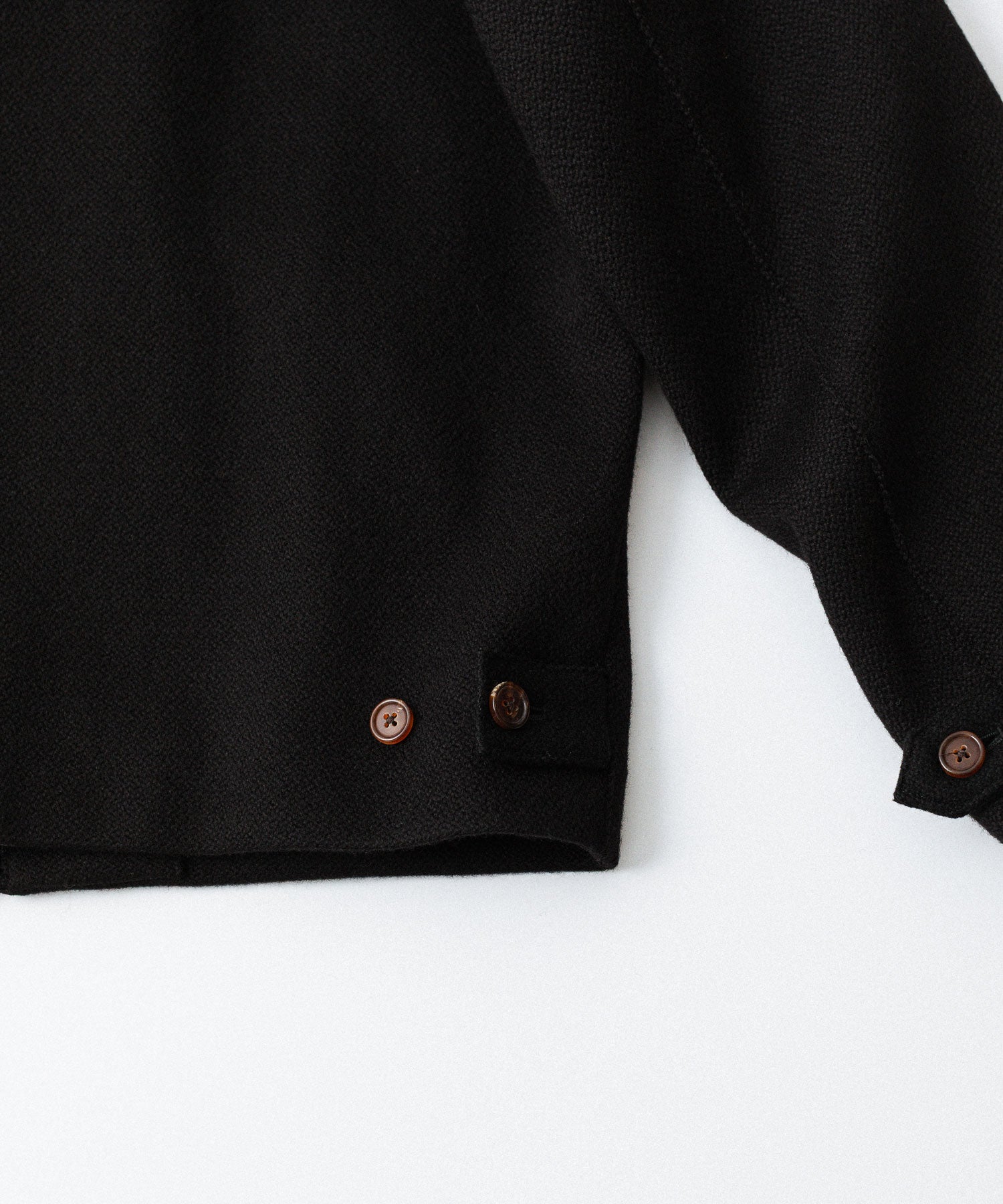 【INTÉRIM】 HEAVY PURE WOOL NATTÉ WEAVE DEAD STOCK LEATHER COLLAR HARRINGTON JACKET - BLACK