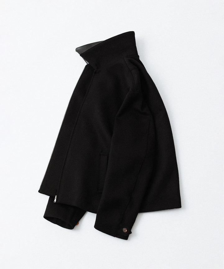 【INTÉRIM】 HEAVY PURE WOOL NATTÉ WEAVE DEAD STOCK LEATHER COLLAR HARRINGTON JACKET - BLACK