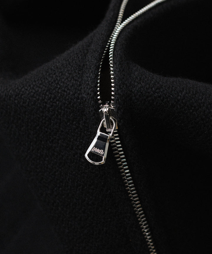 【INTÉRIM】 HEAVY PURE WOOL NATTÉ WEAVE DEAD STOCK LEATHER COLLAR HARRINGTON JACKET - BLACK