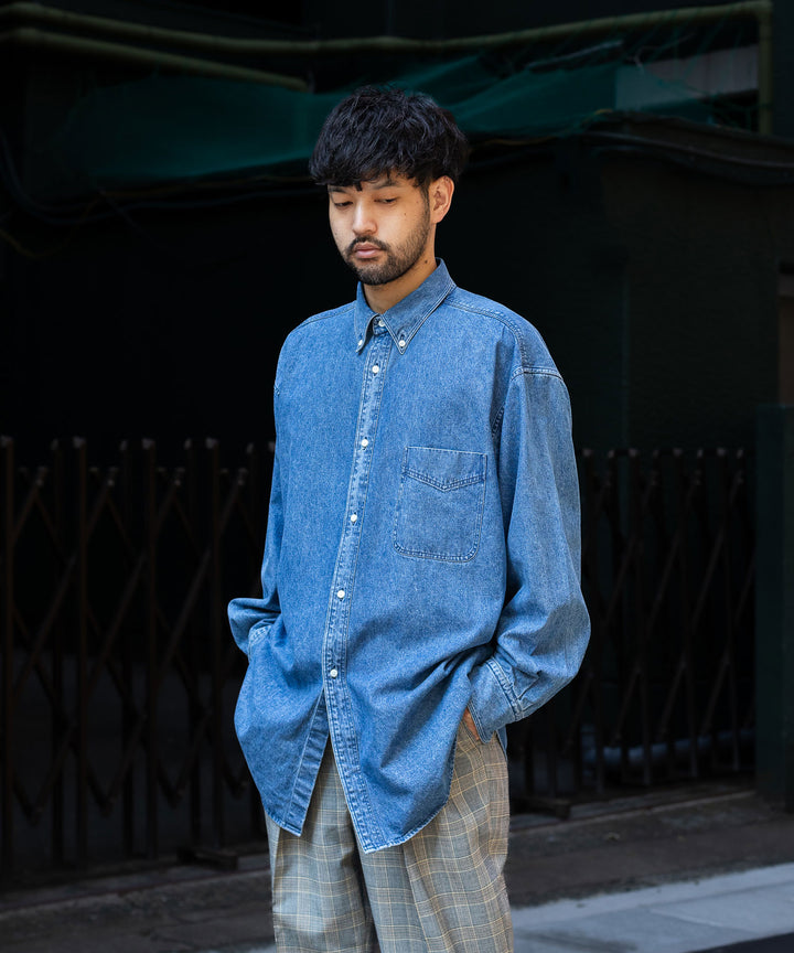 【INTÉRIM】90’S FIT UK HEAVY USED DENIM BUTTON DOWN SHIRT - U.NAVY