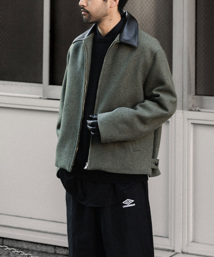 【INTÉRIM】HEAVY DOUBLE FACED MELANGE WOOL FELT DEAD STOCK LEATHER COLLAR HARRINGTON JACKET - SAGE