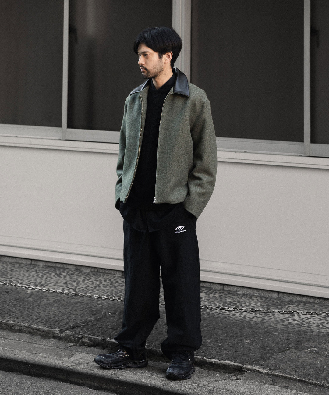 【INTÉRIM】HEAVY DOUBLE FACED MELANGE WOOL FELT DEAD STOCK LEATHER COLLAR HARRINGTON JACKET - SAGE