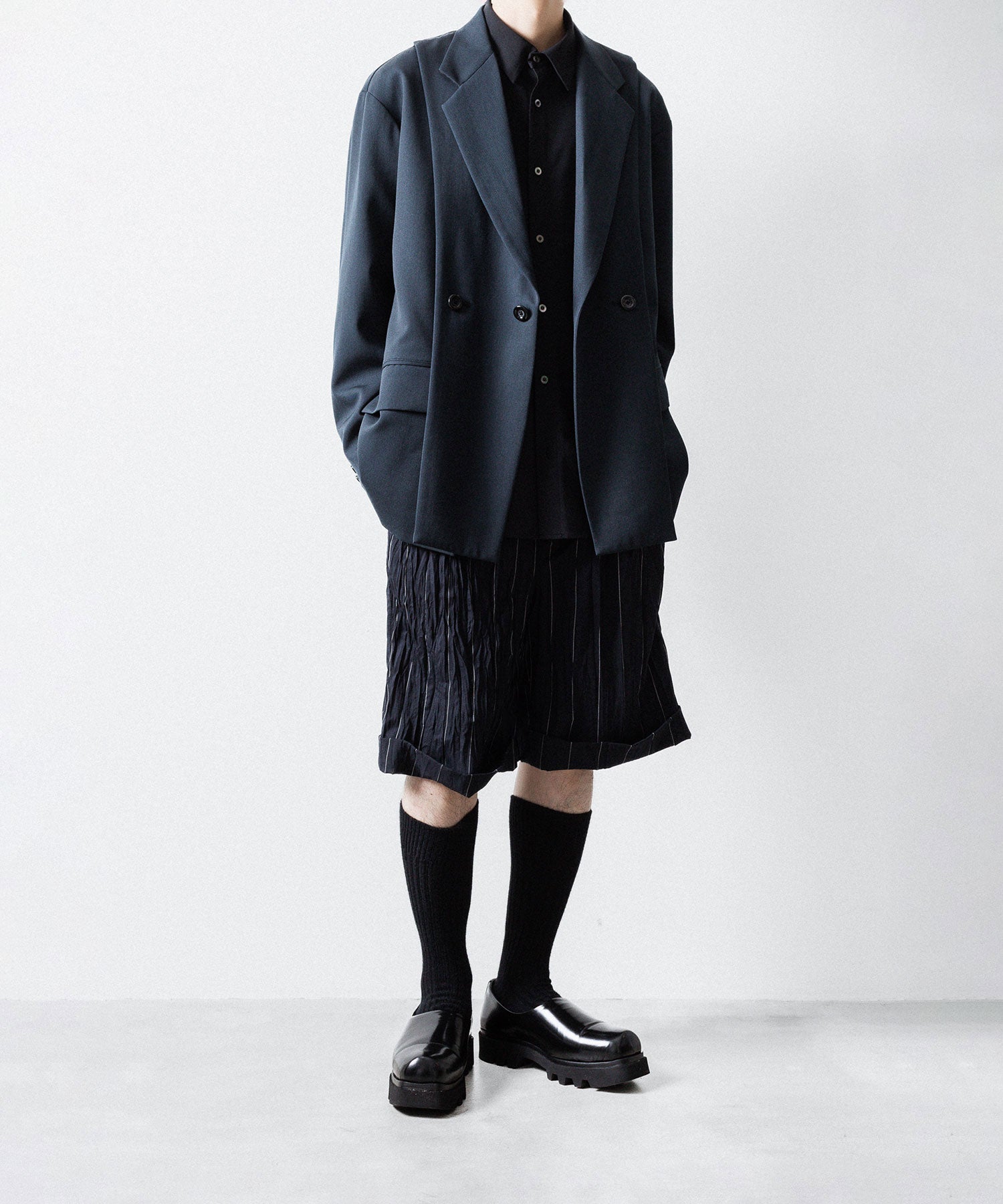 【UJOH】SIDE BELT SHORT PNT - NAVY STRIPE