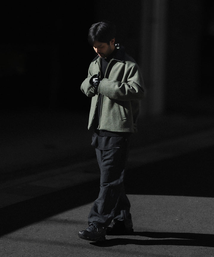 【INTÉRIM】HEAVY DOUBLE FACED MELANGE WOOL FELT DEAD STOCK LEATHER COLLAR HARRINGTON JACKET - SAGE