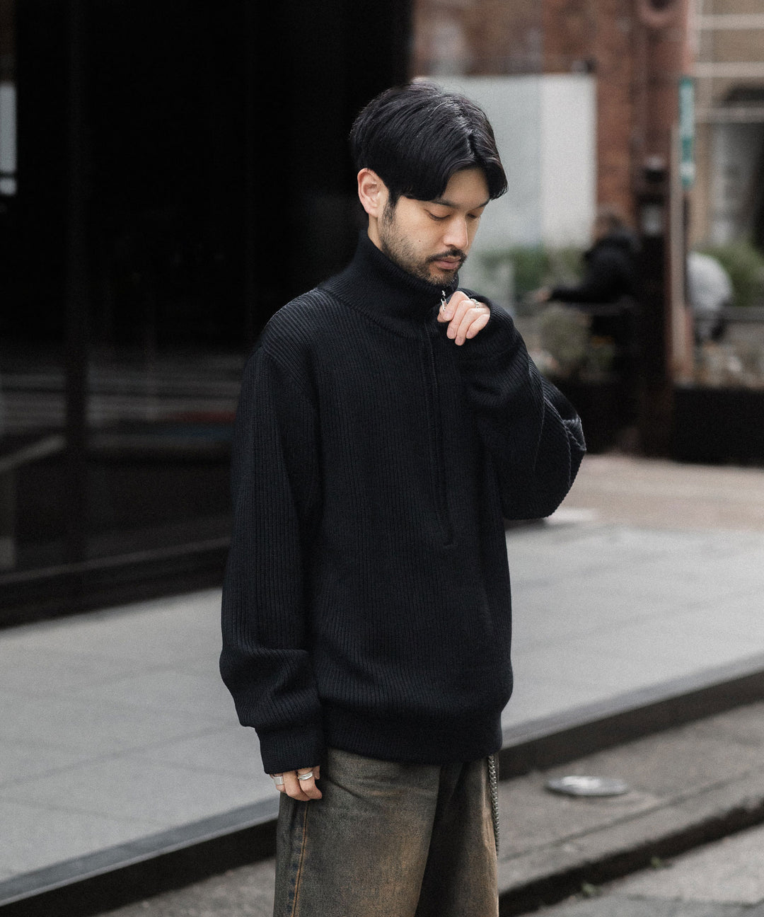 INTÉRIM - インテリムのWOOL SILK CASHMERE DEAD STOCK YARN DOUBLE RIB HALF ZIP KNITのBLACK公式通販サイトsessionj福岡セレクトショップ