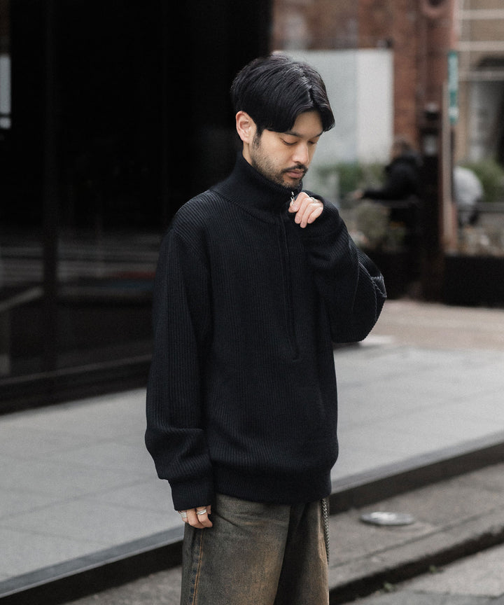 INTÉRIM - インテリムのWOOL SILK CASHMERE DEAD STOCK YARN DOUBLE RIB HALF ZIP KNITのBLACK公式通販サイトsessionj福岡セレクトショップ