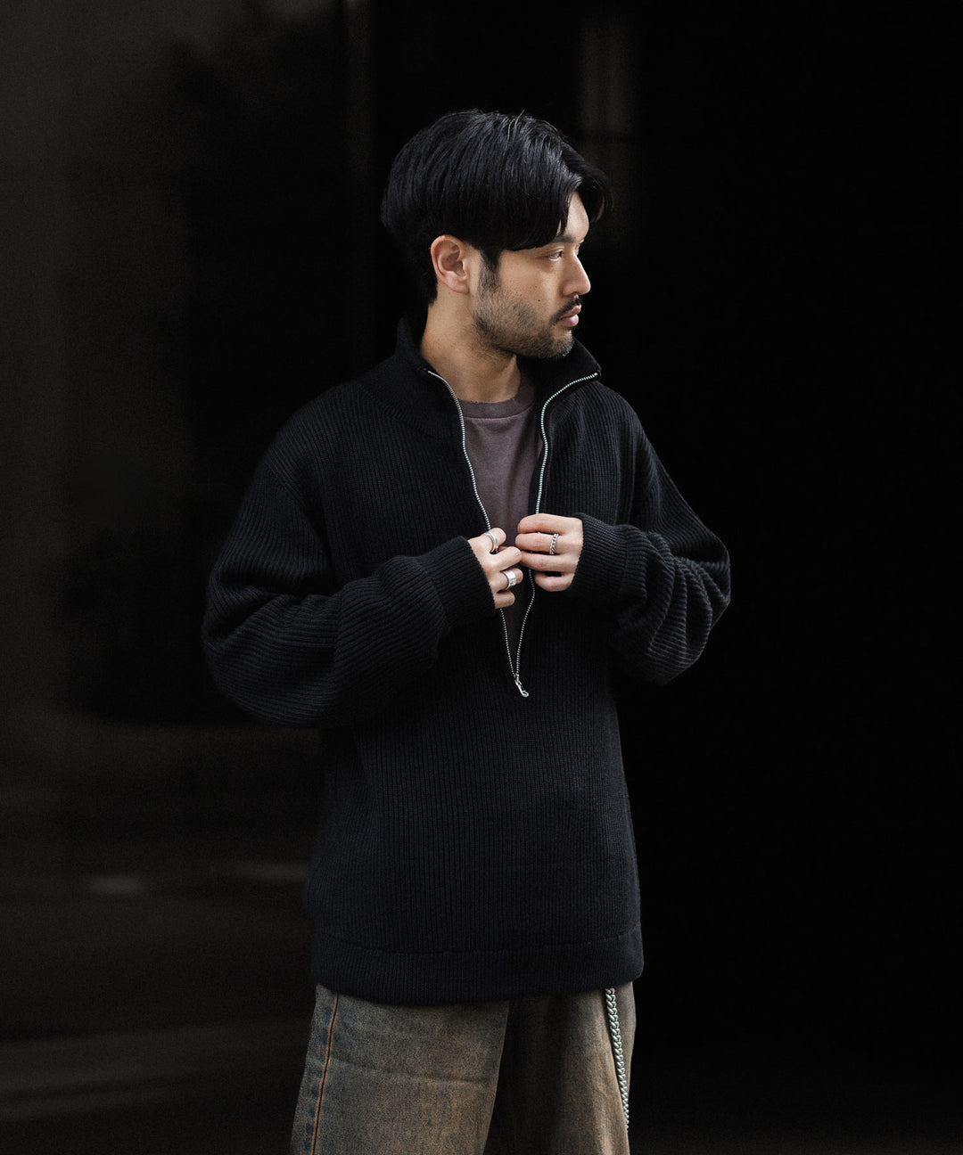 INTÉRIM - インテリムのWOOL SILK CASHMERE DEAD STOCK YARN DOUBLE RIB HALF ZIP KNITのBLACK公式通販サイトsessionj福岡セレクトショップ