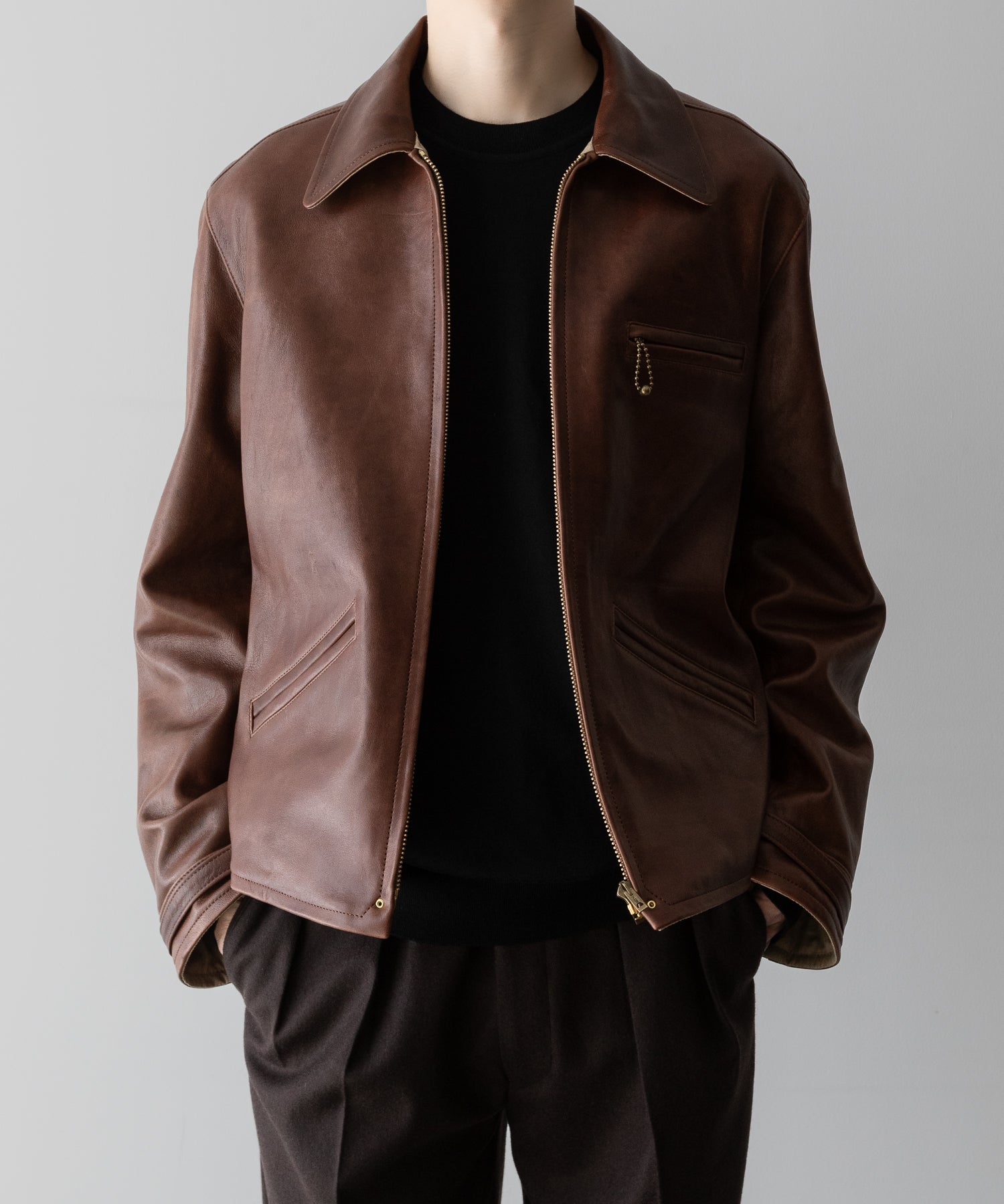 【INTÉRIM】BROWN SHEEPSKIN REVERSIBLE LEATHER JACKET - GOLD ZIP