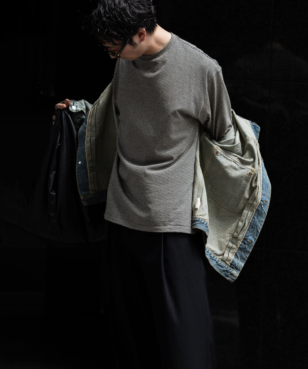 INTÉRIM - インテリムのCOTTON HEMP BORDER LONG TEEのBLACK公式通販サイトsession福岡セレクトショップ