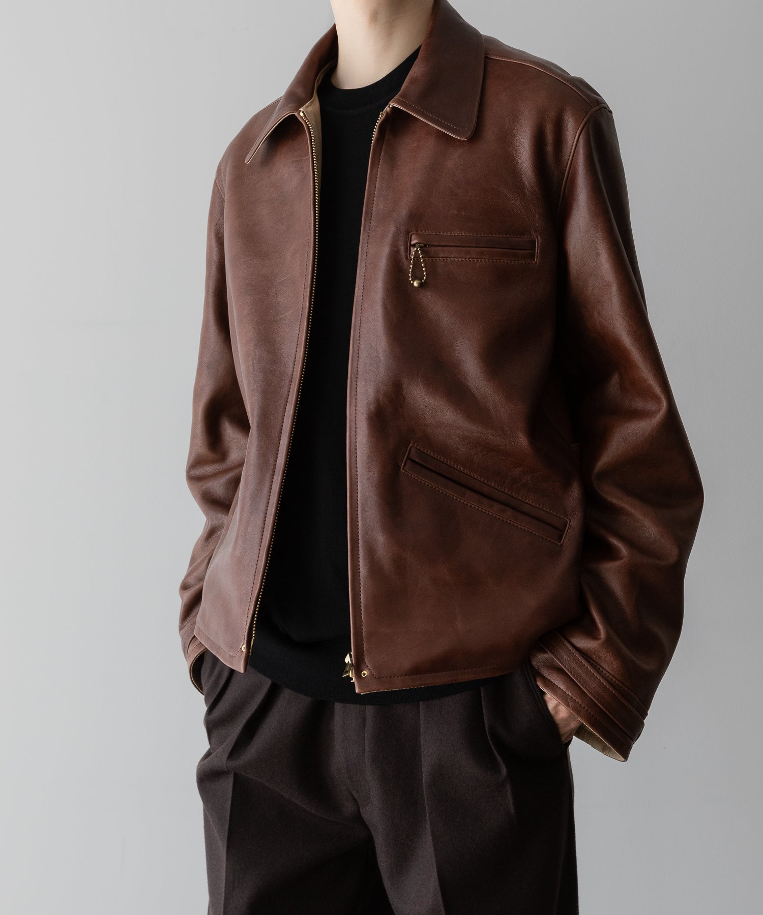 【INTÉRIM】BROWN SHEEPSKIN REVERSIBLE LEATHER JACKET - GOLD ZIP