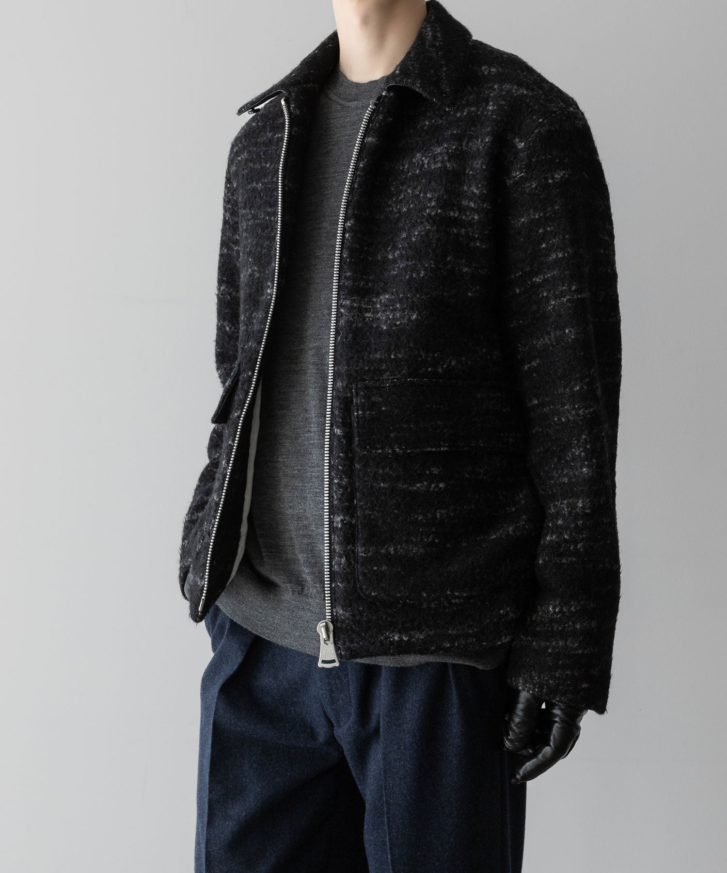 【INTÉRIM】DOUBLE FACE HAIRY BABY LAMA WOOL SPORTS JACKET - RAW BLACK