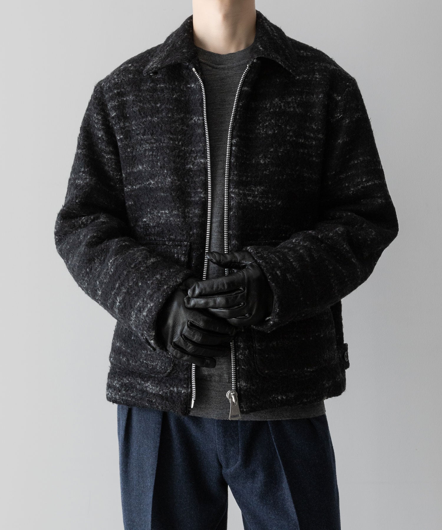 【INTÉRIM】DOUBLE FACE HAIRY BABY LAMA WOOL SPORTS JACKET - RAW BLACK