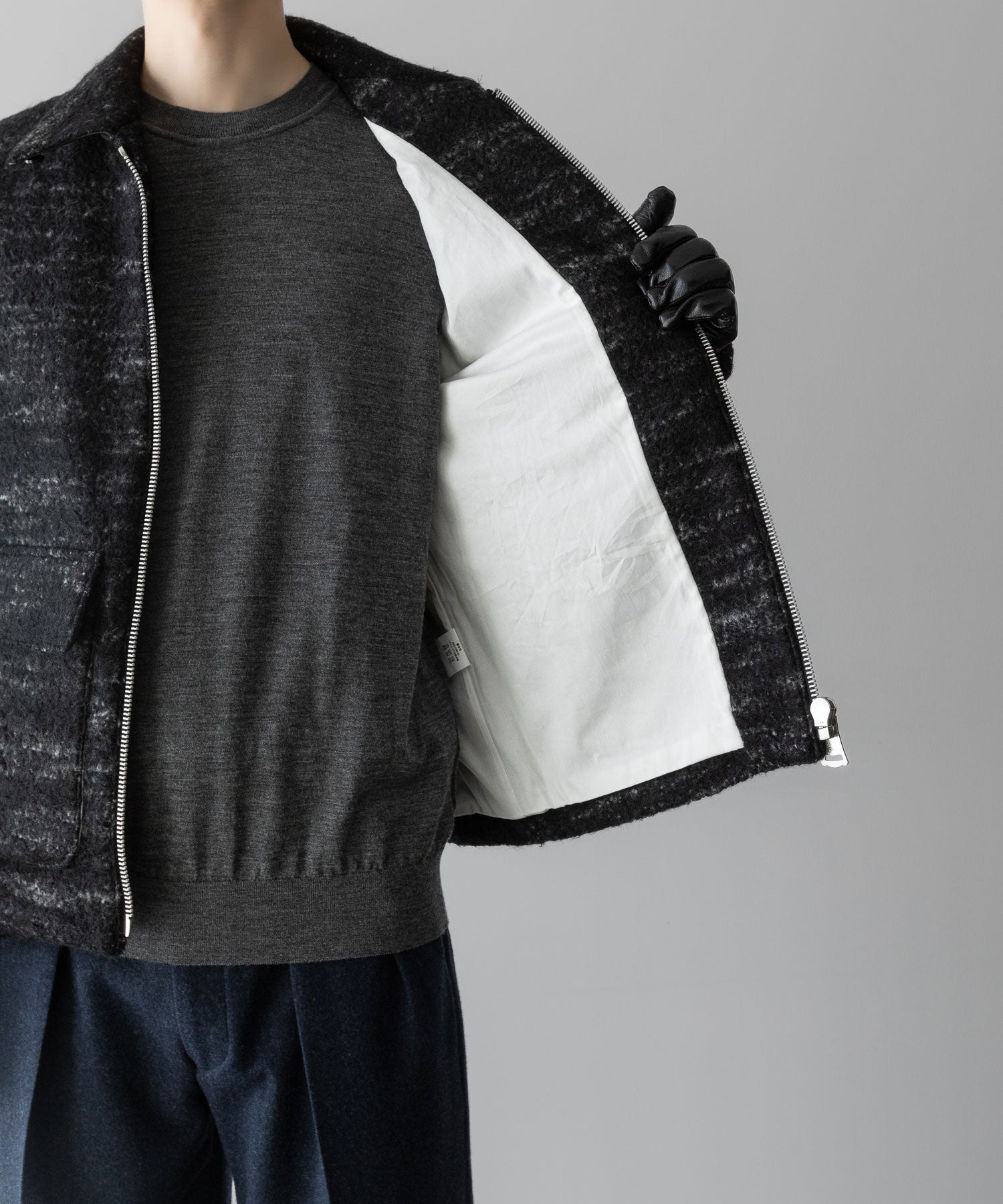 【INTÉRIM】DOUBLE FACE HAIRY BABY LAMA WOOL SPORTS JACKET - RAW BLACK