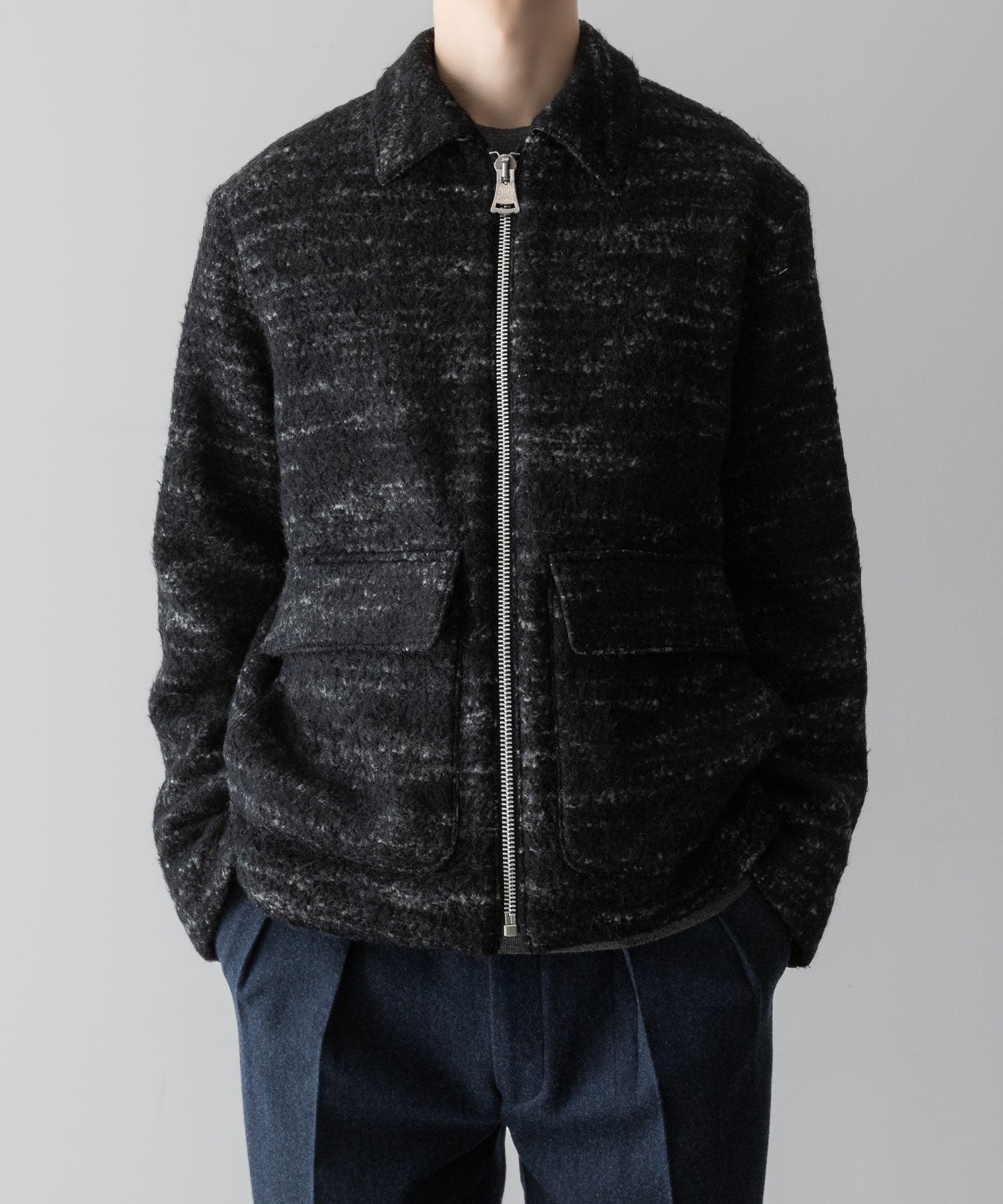 【INTÉRIM】DOUBLE FACE HAIRY BABY LAMA WOOL SPORTS JACKET - RAW BLACK