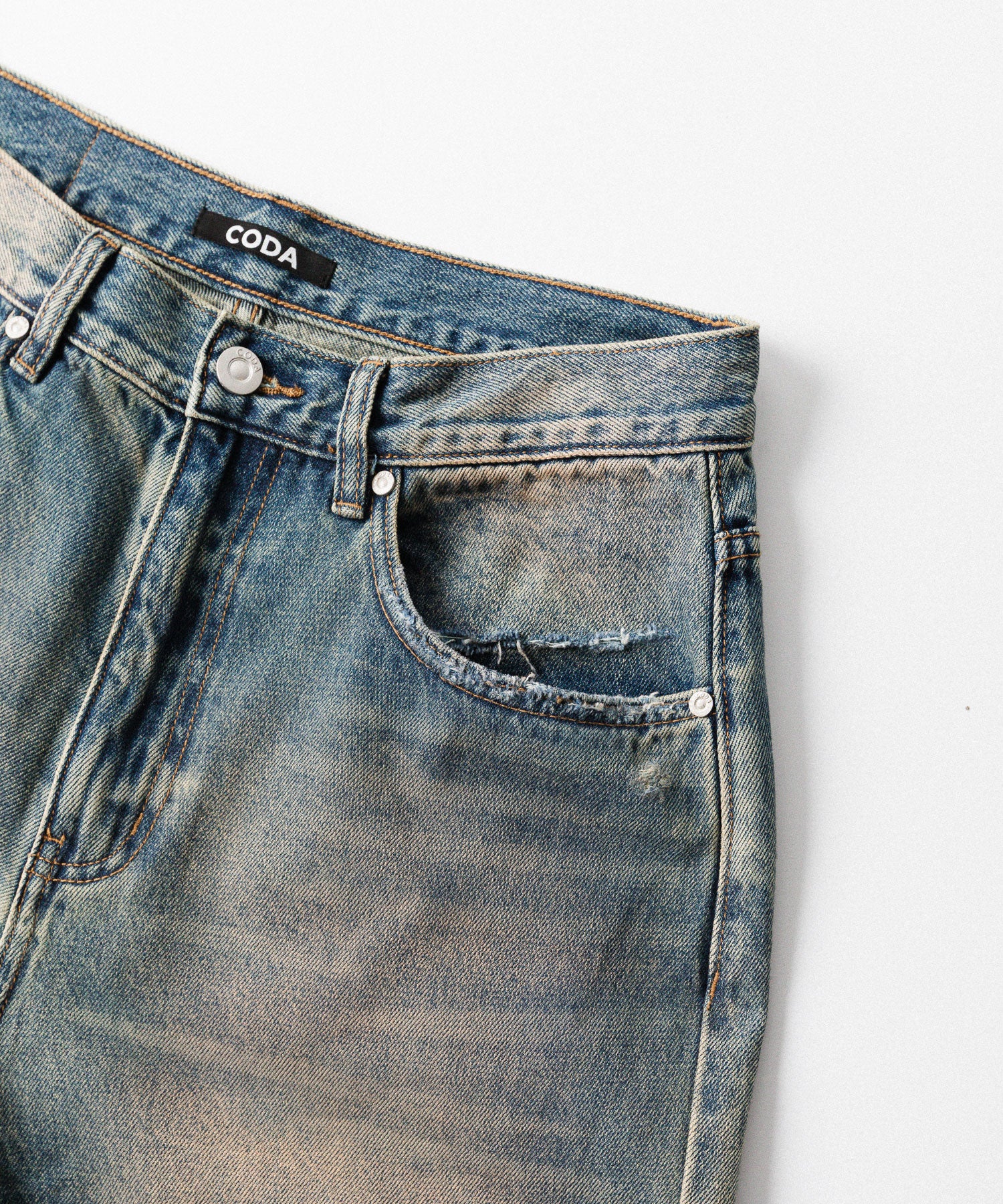 CODA / コーダ】FADED DIRTY INDIGO WASHED BREAK CUT WIDE FLARED