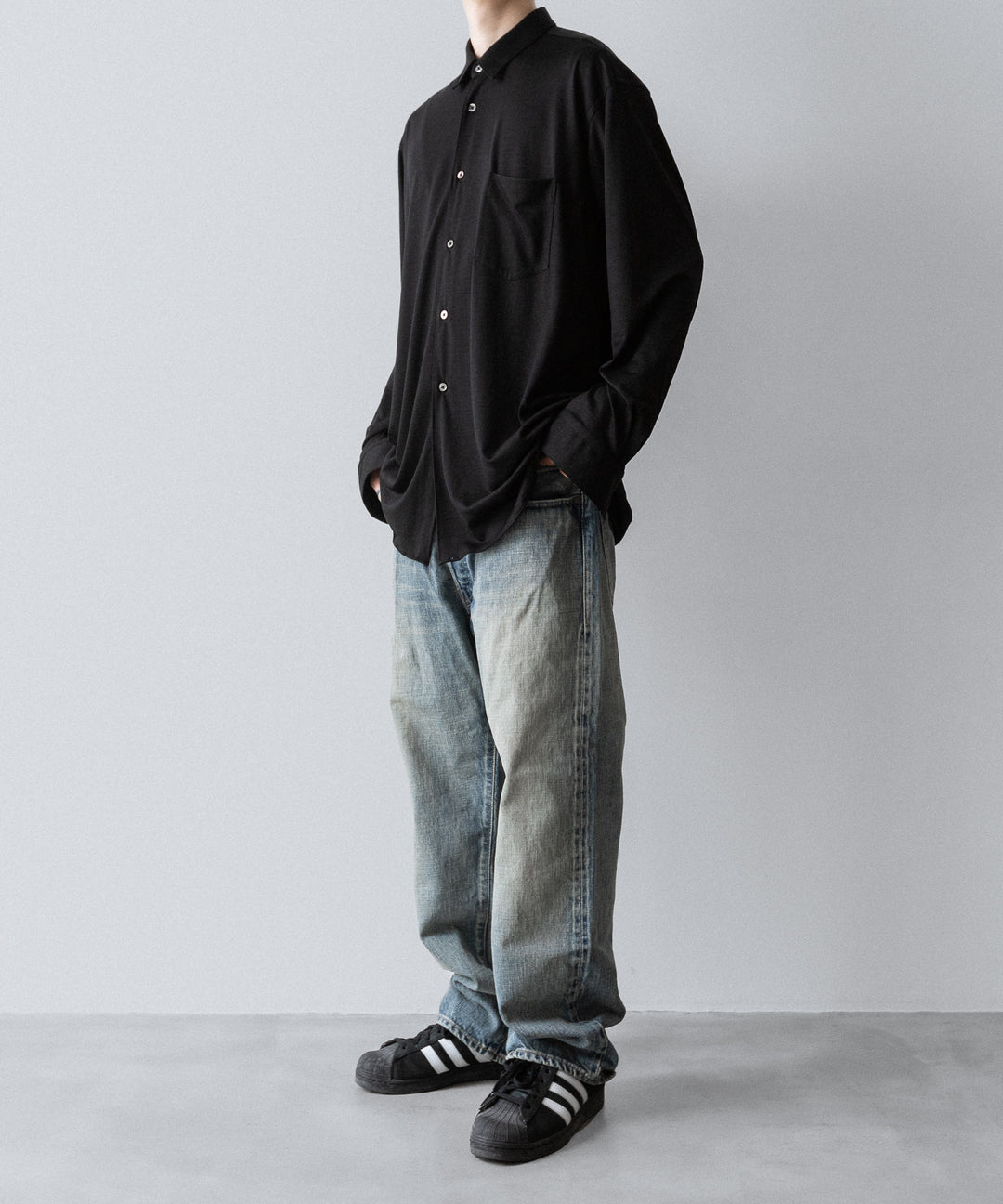 INTÉRIM インテリムEXTRA FINE MERINO WOOL JERSEY L/S REGULAR COLLAR SHIRTのBLACK 公式通販サイトsession福岡セレクトショップ