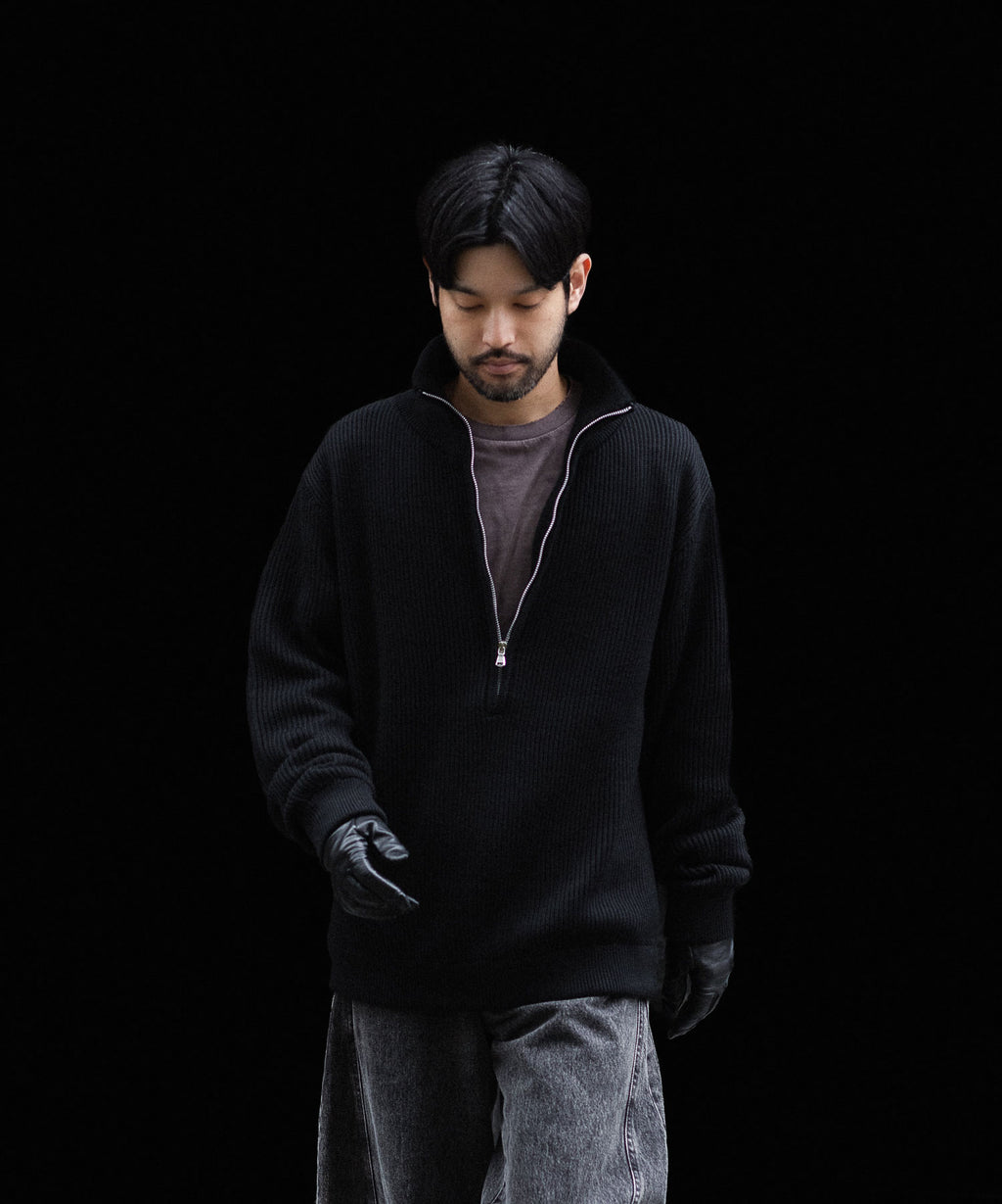INTÉRIM - インテリムのWOOL SILK CASHMERE DEAD STOCK YARN DOUBLE RIB HALF ZIP KNITのBLACK公式通販サイトsession福岡セレクトショップ