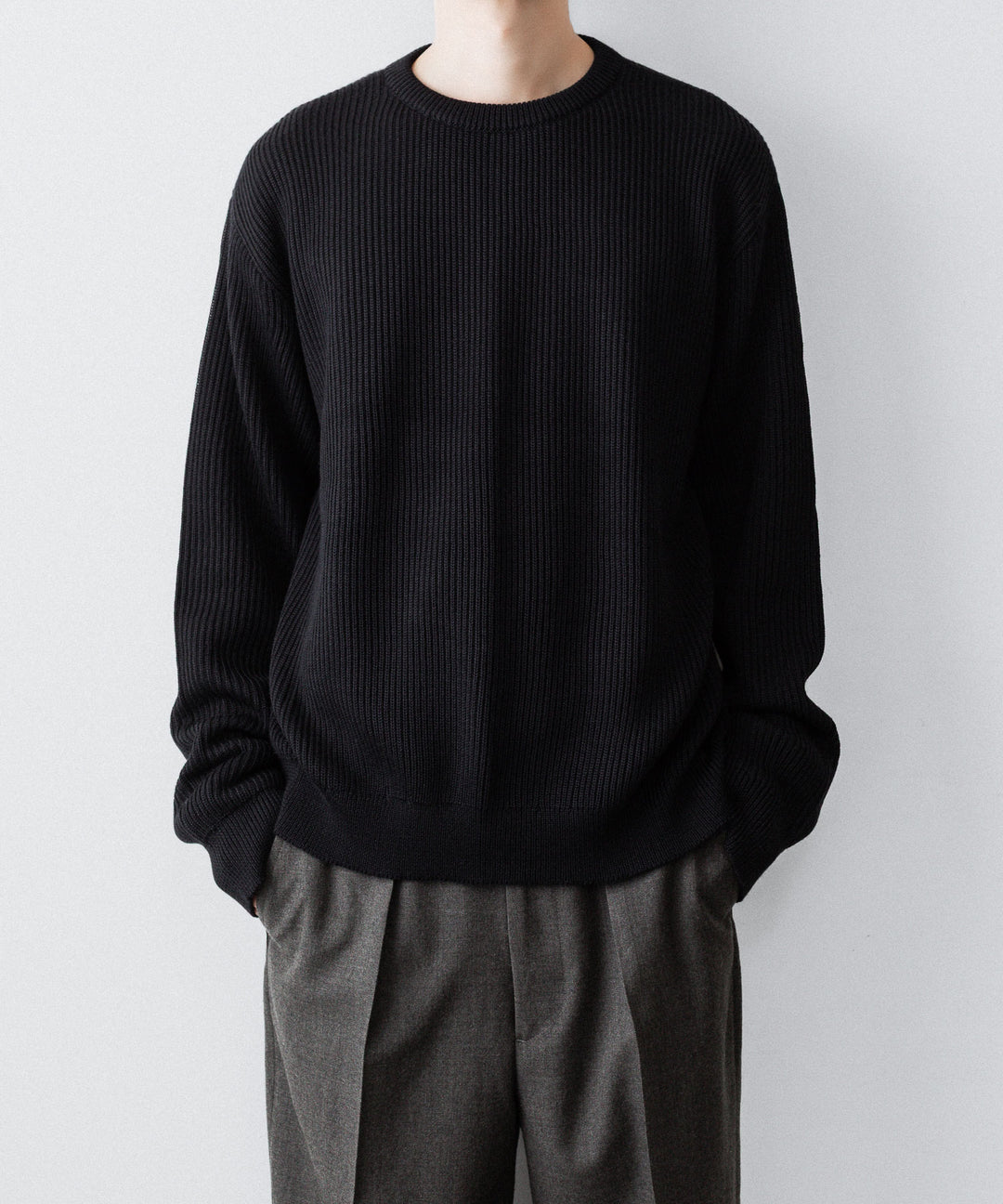 INTÉRIM - インテリムのWOOL SILK CASHMERE DEAD STOCK YARN DOUBLE RIB CREW SWEATERのBLACK公式通販サイトsession福岡セレクトショップ