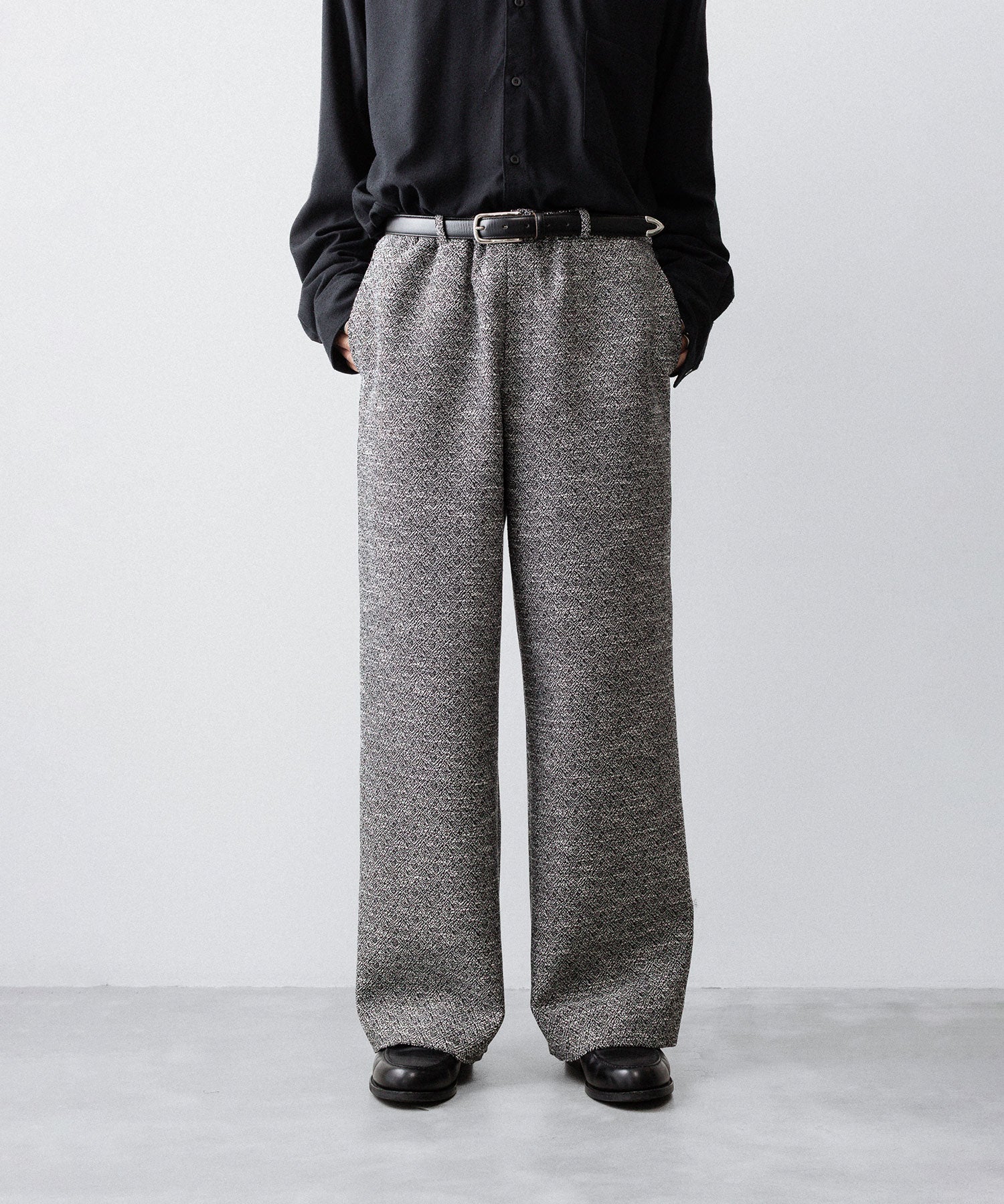 【INTÉRIM】    DOUBLE SIDED JACQUARD TWEED DEAD STOCK WIDE DRESS EASY PANTS - BLACK