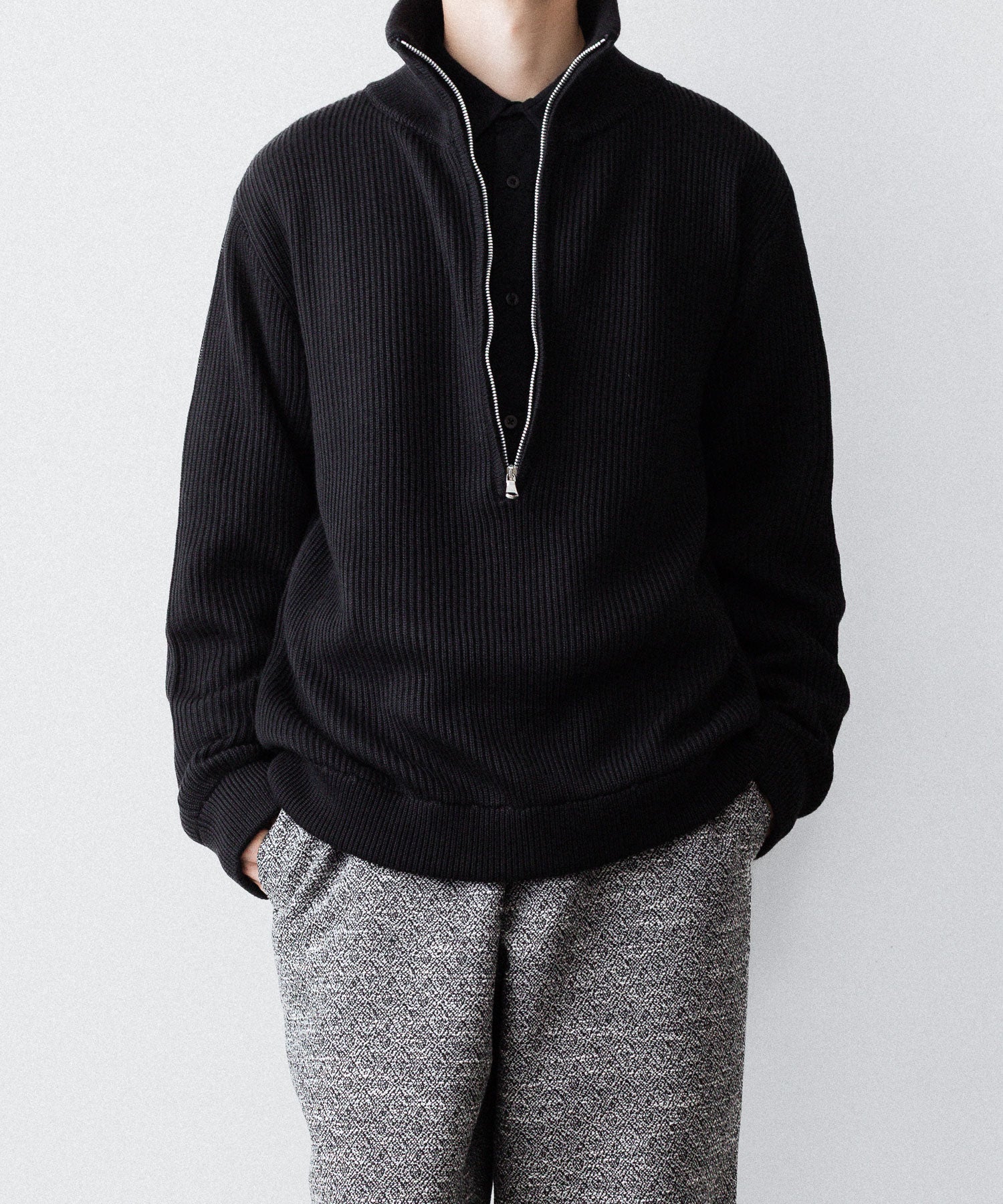 INTÉRIM - インテリムのDOUBLE SIDED JACQUARD TWEED DEAD STOCK WIDE DRESS EASY PANTSのBLACK