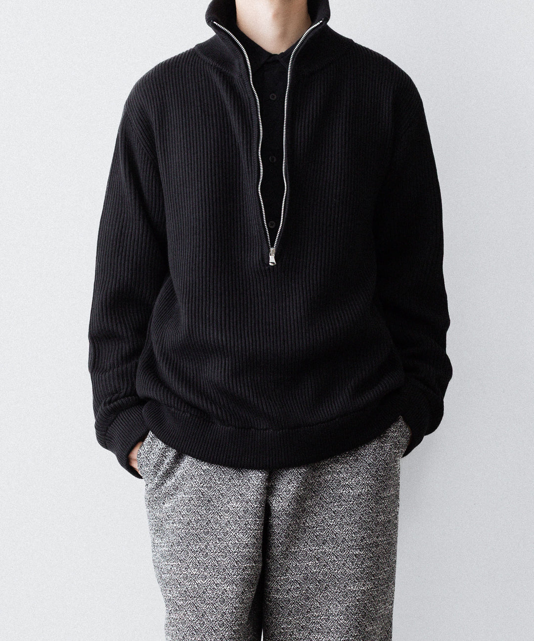 INTÉRIM - インテリムのDOUBLE SIDED JACQUARD TWEED DEAD STOCK WIDE DRESS EASY PANTSのBLACK