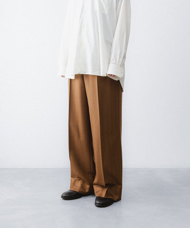 【ANTHEM A】WOOL SILK STRIPE BELTLESS TROUSERS - CAMEL