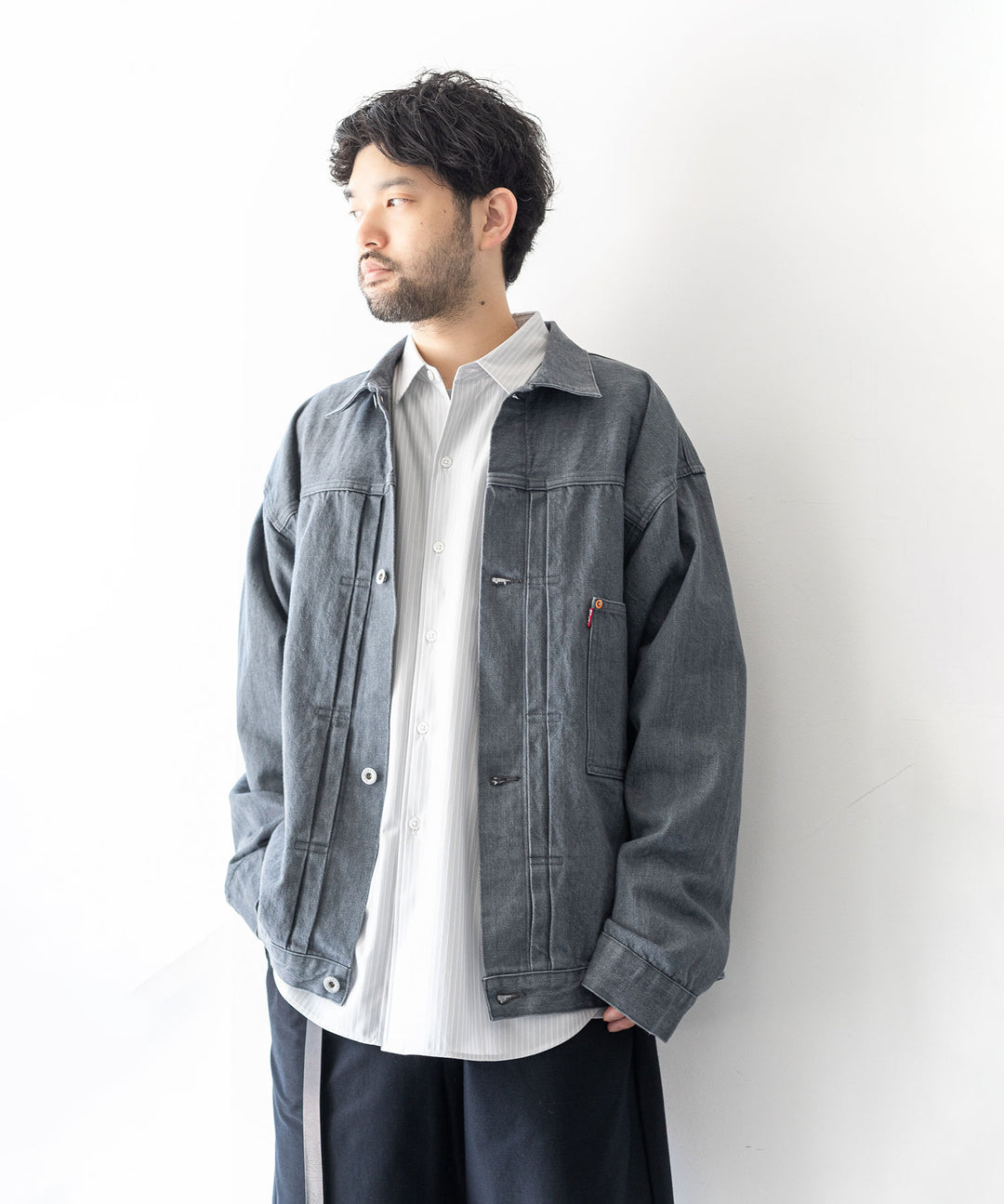 KANEMASA(カネマサ)の23SSコレクションのPENCIL STRIPE DRESS JERSEY SHORT SLEEVE SHIRTのLIGHT GRAY ×WHITE