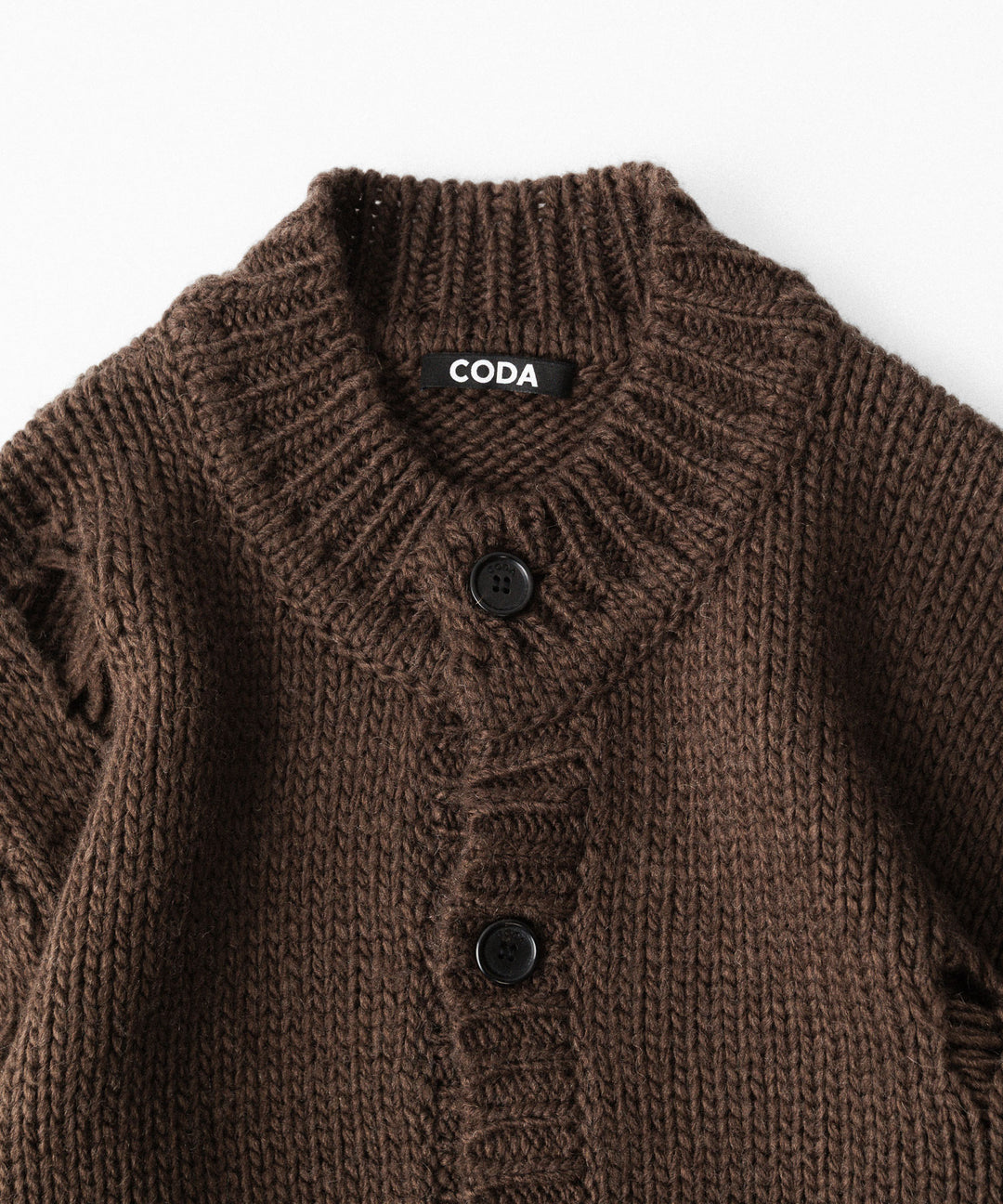 【CODA】DARK BROWN 90S’ ROUND NECK THRASHED CARDIGAN - BROWN