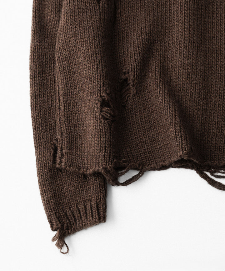 【CODA】DARK BROWN 90S’ ROUND NECK THRASHED CARDIGAN - BROWN