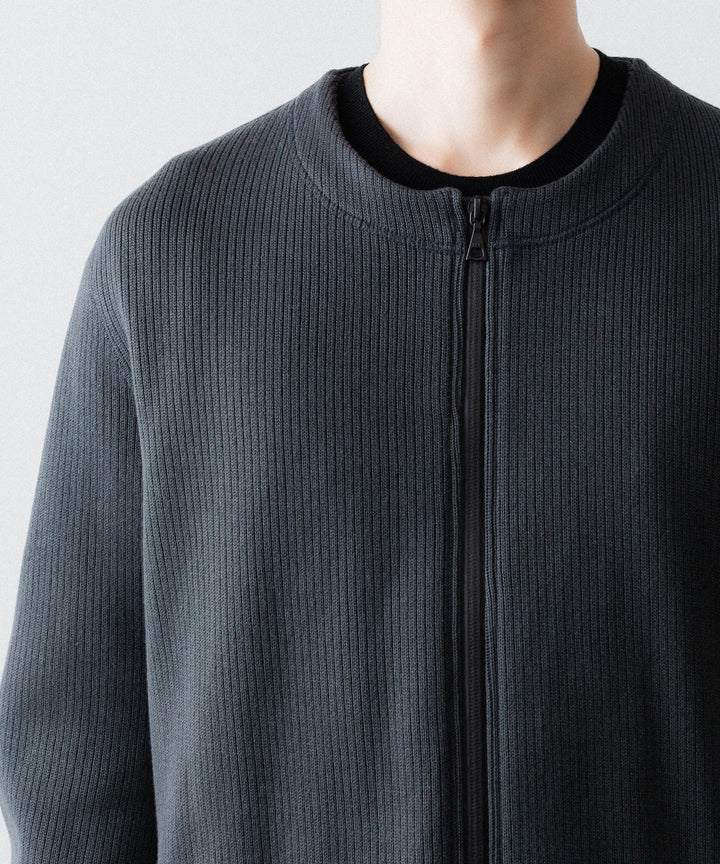 【OPPOSE DUALITY】NO COLLAR RIB ZIP TOP - BLACK