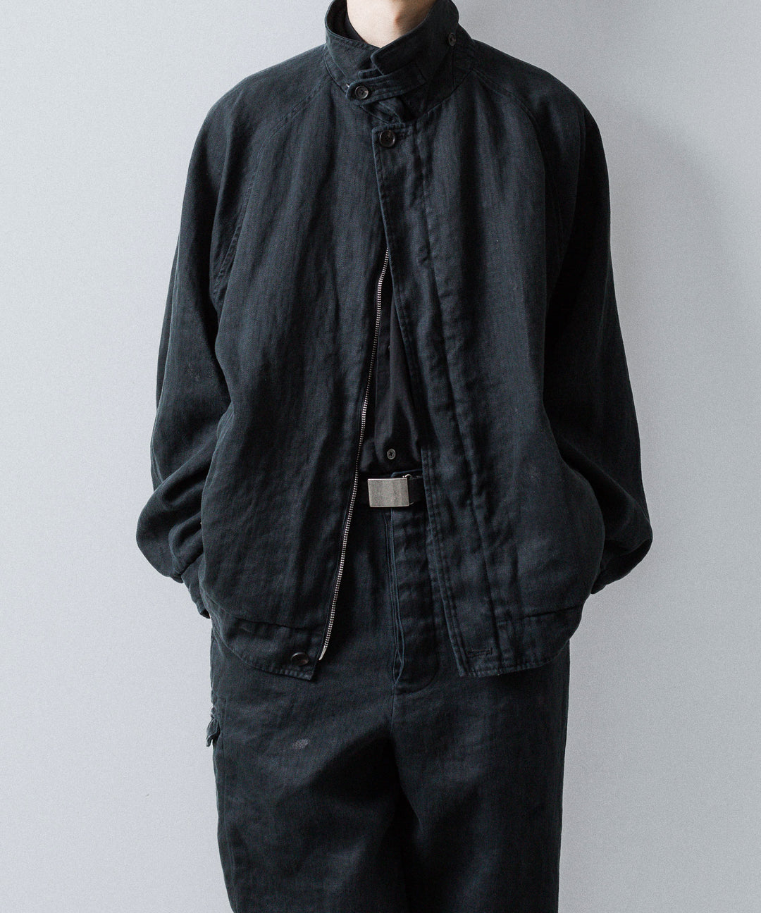 【ssstein】HEAVY LINEN HERRINGBONE ZIP JACKET - BLACK