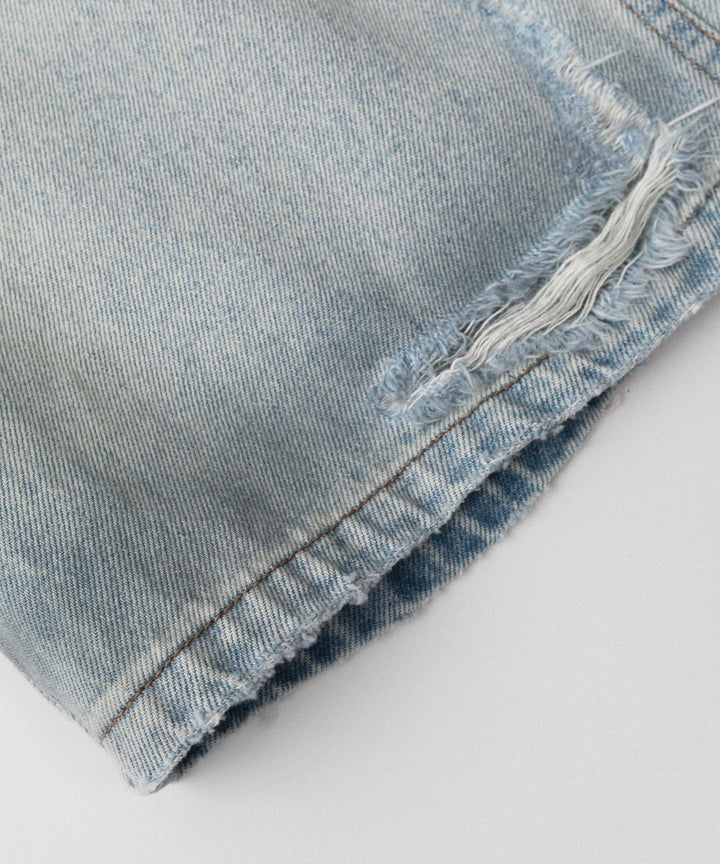 【CODA】LIGHT INDIGO WASHED DISTRESSED BREAK CUT WIDE STRAIGHT JEANS - LIGHT INDIGO WASHED