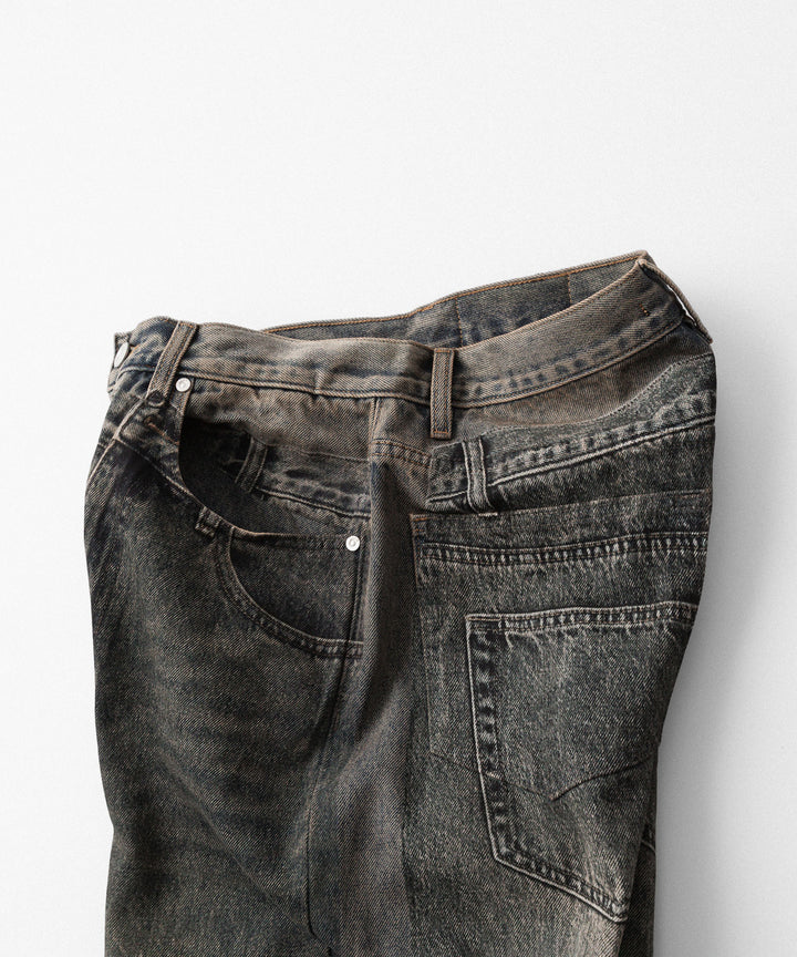 【CODA】GREY ACID WASHED DUAL EXPOSURE BREAK CUT FLARED JEANS - GREY ACID WASHED