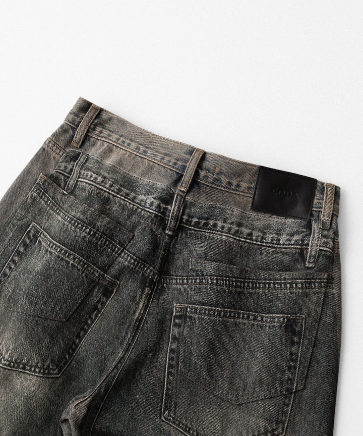 【CODA】GREY ACID WASHED DUAL EXPOSURE BREAK CUT FLARED JEANS - GREY ACID WASHED