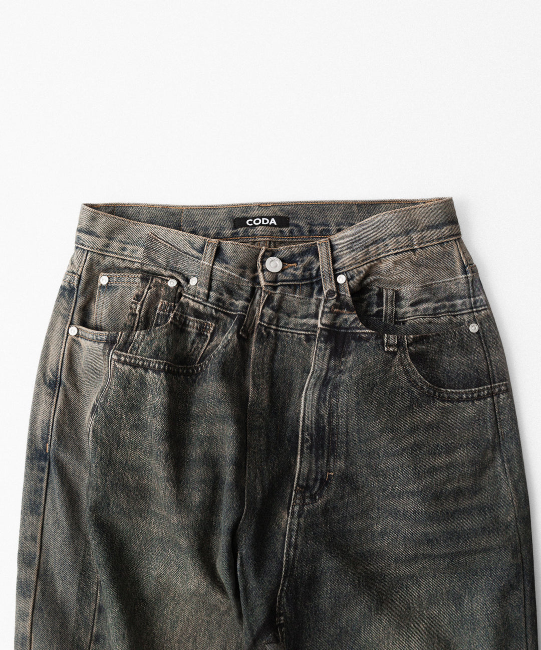 【CODA】GREY ACID WASHED DUAL EXPOSURE BREAK CUT FLARED JEANS - GREY ACID WASHED