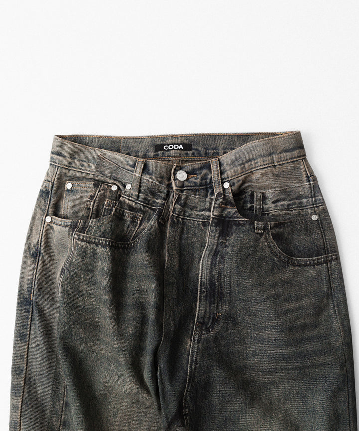 【CODA】GREY ACID WASHED DUAL EXPOSURE BREAK CUT FLARED JEANS - GREY ACID WASHED