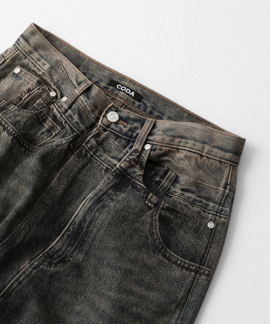【CODA】GREY ACID WASHED DUAL EXPOSURE BREAK CUT FLARED JEANS - GREY ACID WASHED