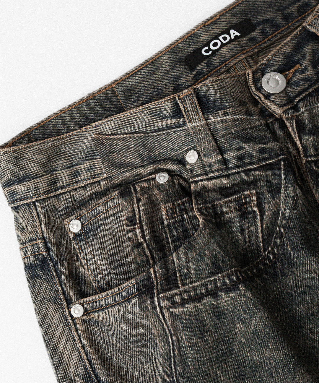 【CODA】GREY ACID WASHED DUAL EXPOSURE BREAK CUT FLARED JEANS - GREY ACID WASHED