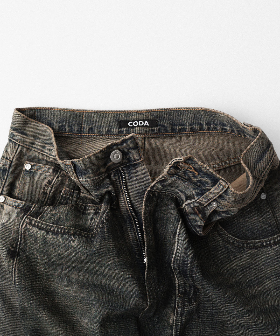 【CODA】GREY ACID WASHED DUAL EXPOSURE BREAK CUT FLARED JEANS - GREY ACID WASHED