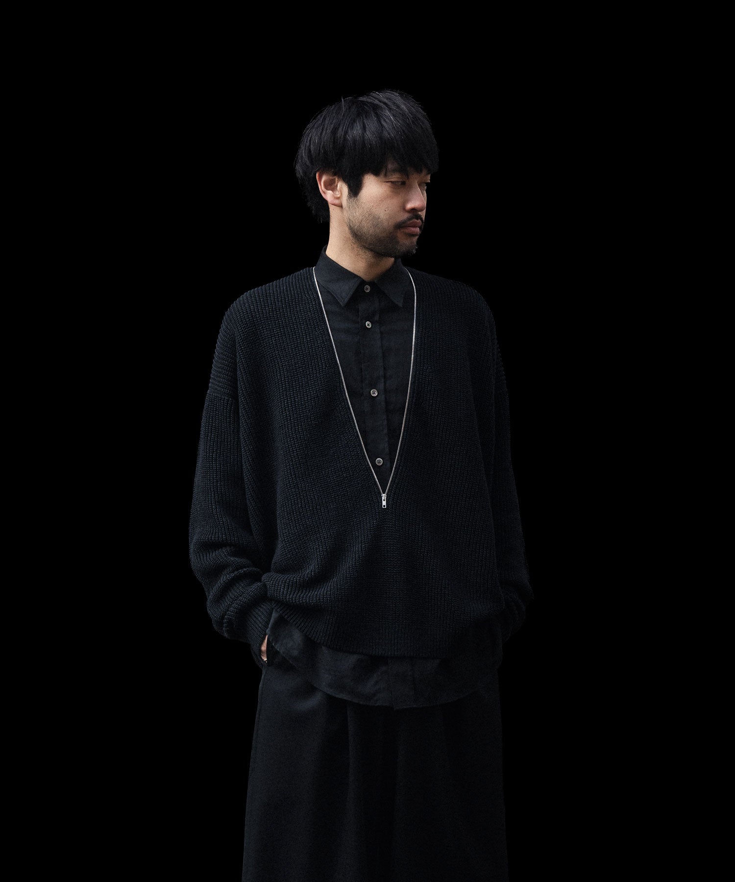 ssstein / シュタイン】COTTON SILK OVERSIZED PLACKET SHIRT - BLACK
