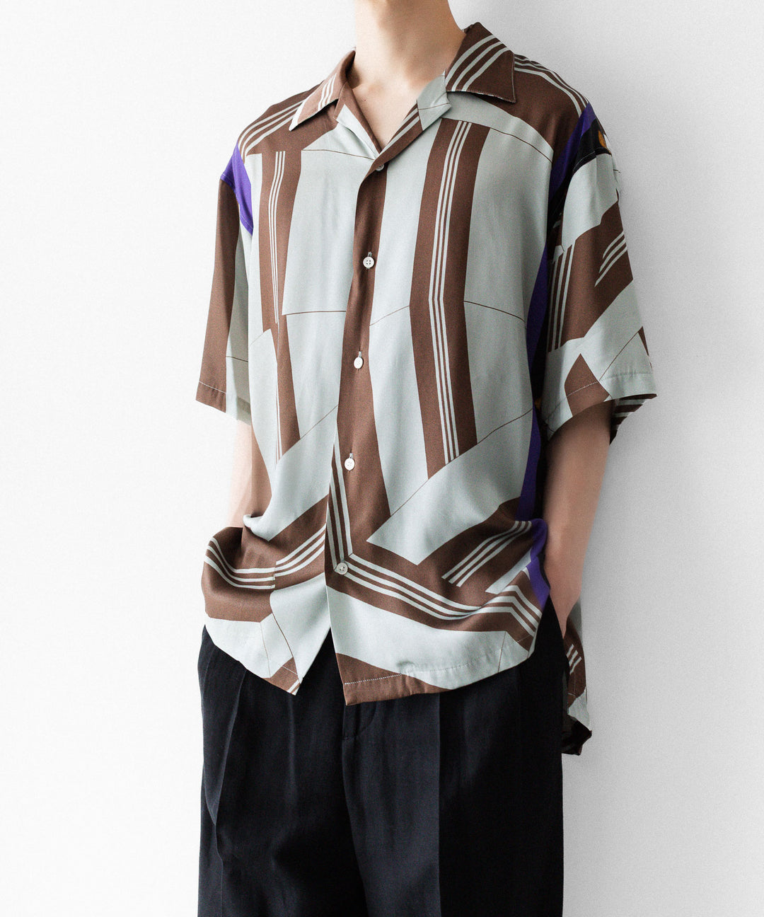 ANTHEM A-アンセムエーのCOLLAGE PRINTED OPEN COLLAR SHIRTのSAGE GREENの公式通販サイトsession福岡セレクトショップ